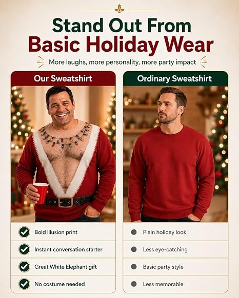 Funny Santa Ugly Christmas Sweatshirt for Men, Fake Abs Santa Shirt