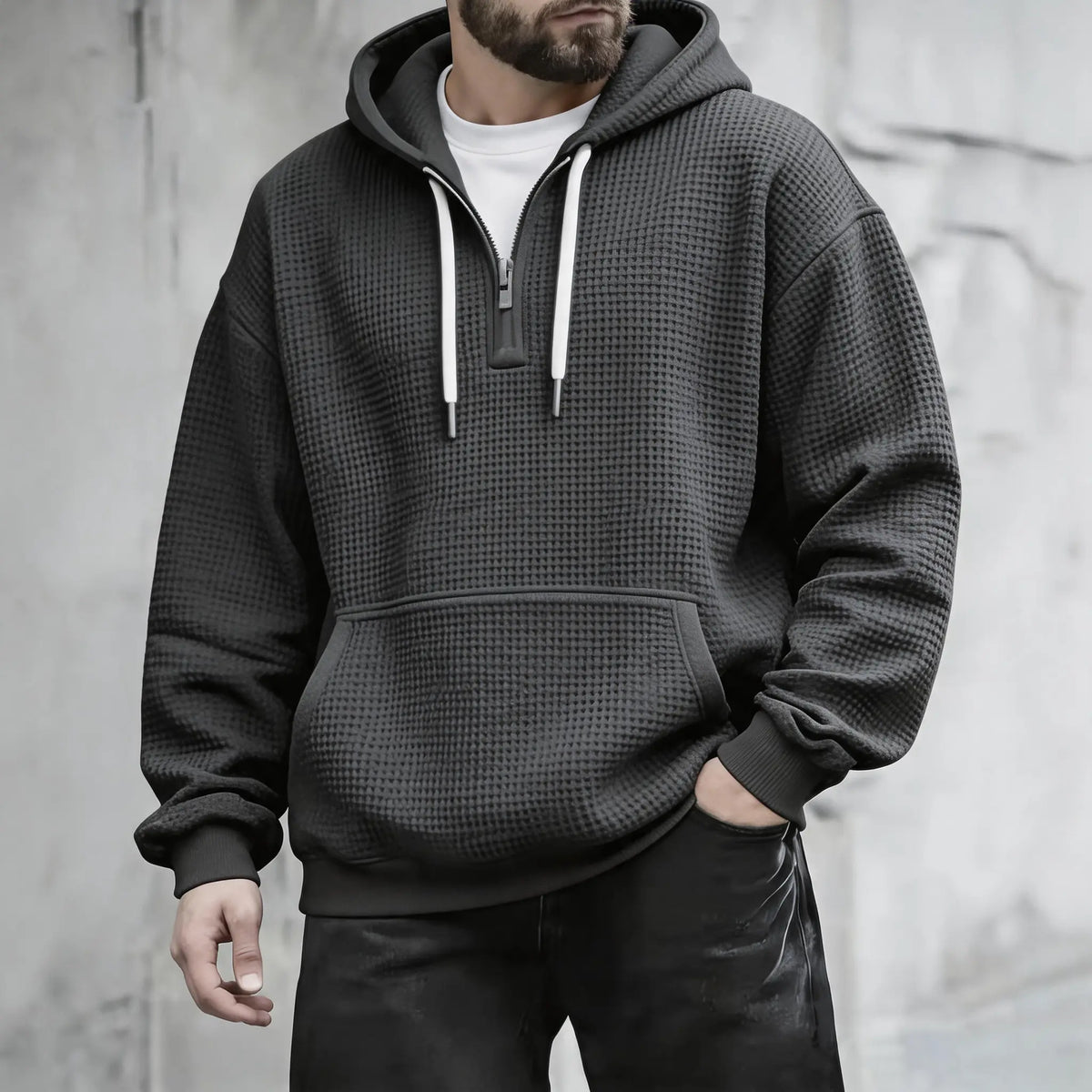 Men’s Waffle Knit Half Zip Hoodie – Textured Pullover Sweatshirt with Kangaroo Pocket