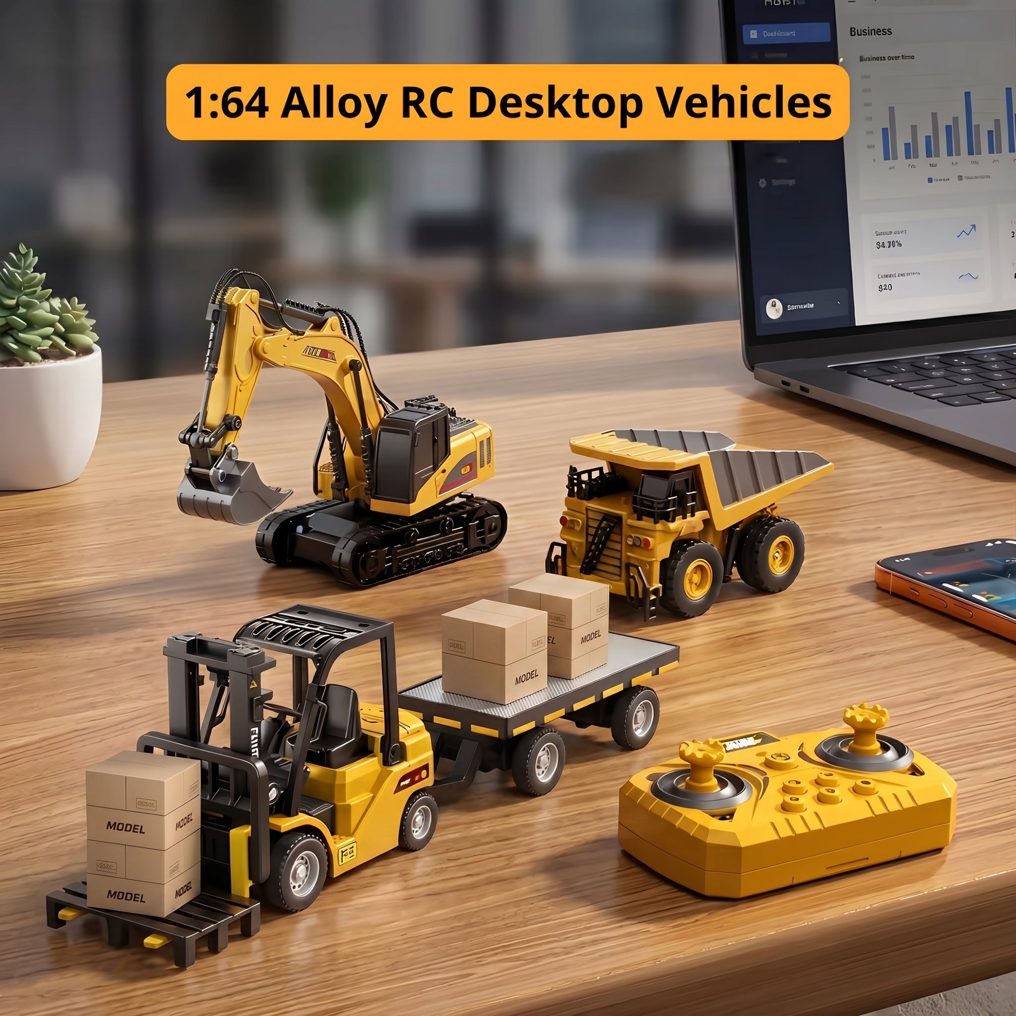 Mini RC Construction Truck Set – 1:64 Die-Cast Alloy Excavator, Dump Truck & Forklift with Remote Control, Realistic Engineering Toys