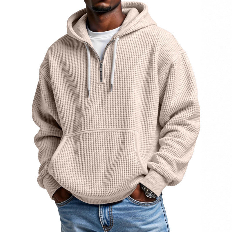 Men’s Waffle Knit Half Zip Hoodie – Textured Pullover Sweatshirt with Kangaroo Pocket