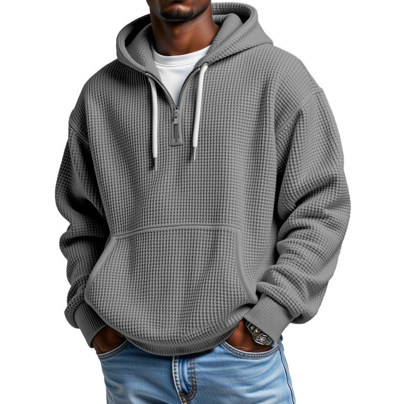 Men’s Waffle Knit Half Zip Hoodie – Textured Pullover Sweatshirt with Kangaroo Pocket