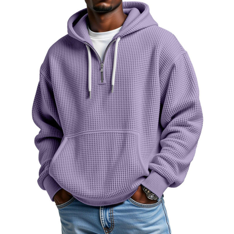 Men’s Waffle Knit Half Zip Hoodie – Textured Pullover Sweatshirt with Kangaroo Pocket