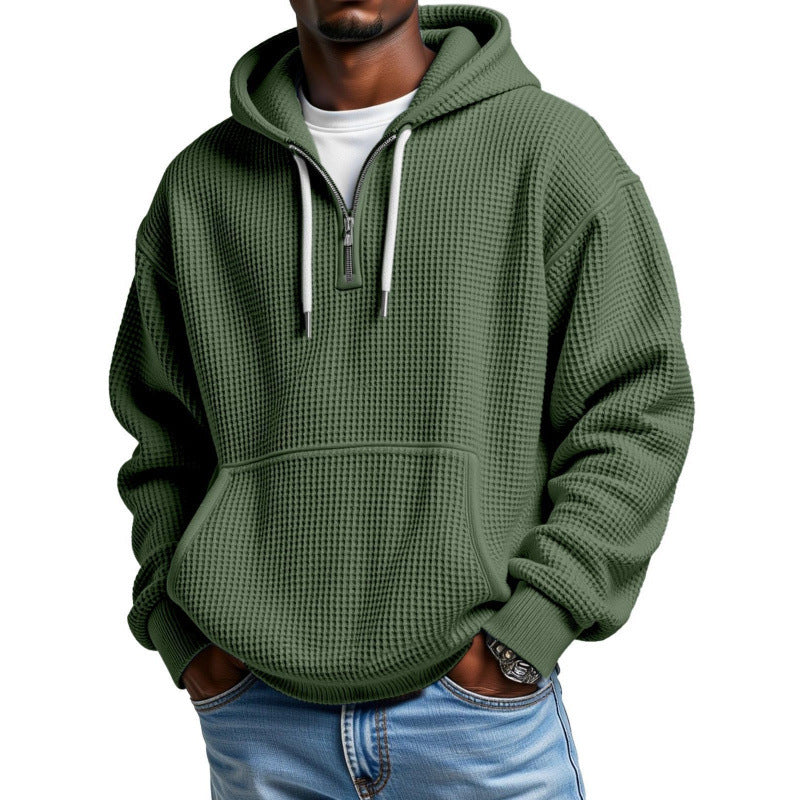 Men’s Waffle Knit Half Zip Hoodie – Textured Pullover Sweatshirt with Kangaroo Pocket