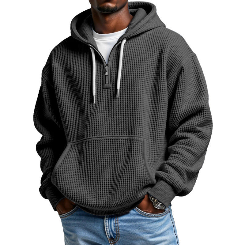 Men’s Waffle Knit Half Zip Hoodie – Textured Pullover Sweatshirt with Kangaroo Pocket
