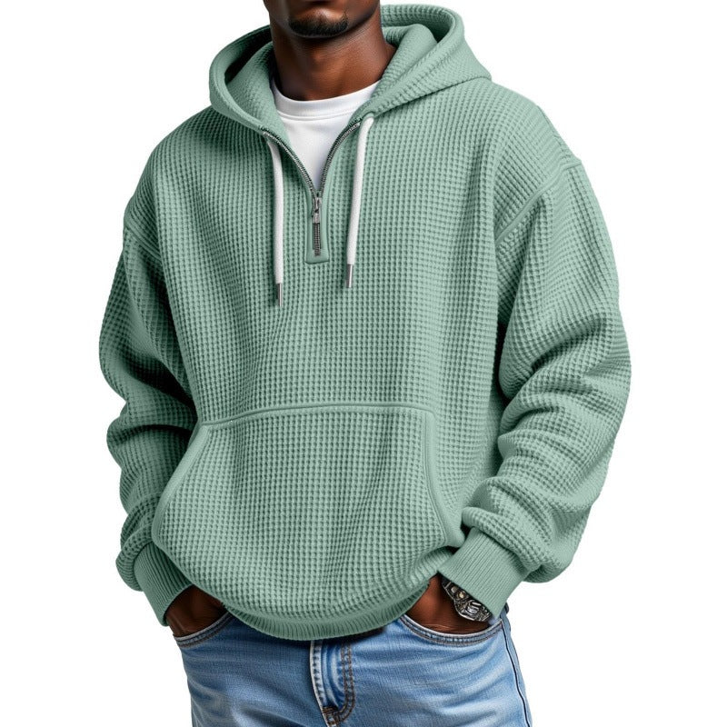 Men’s Waffle Knit Half Zip Hoodie – Textured Pullover Sweatshirt with Kangaroo Pocket