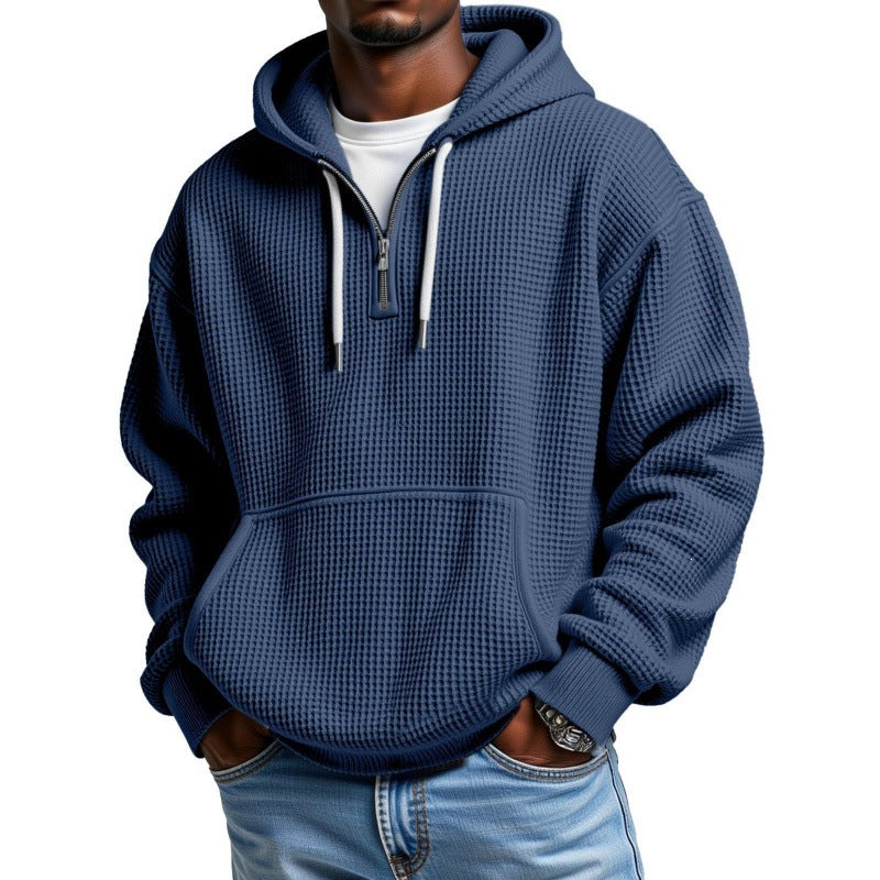 Men’s Waffle Knit Half Zip Hoodie – Textured Pullover Sweatshirt with Kangaroo Pocket