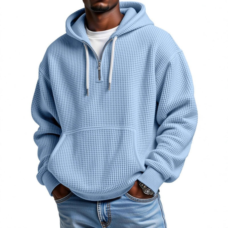 Men’s Waffle Knit Half Zip Hoodie – Textured Pullover Sweatshirt with Kangaroo Pocket