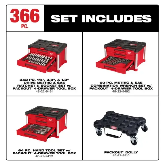 🏃‍Anniversary Sale⚡366-Pcs Master Mechanics Hand Tool Set with PACKOUTTM Drawers and Dolly